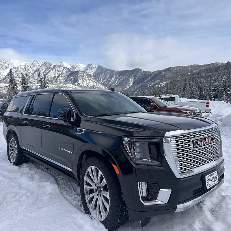 SUV with mountains and trees