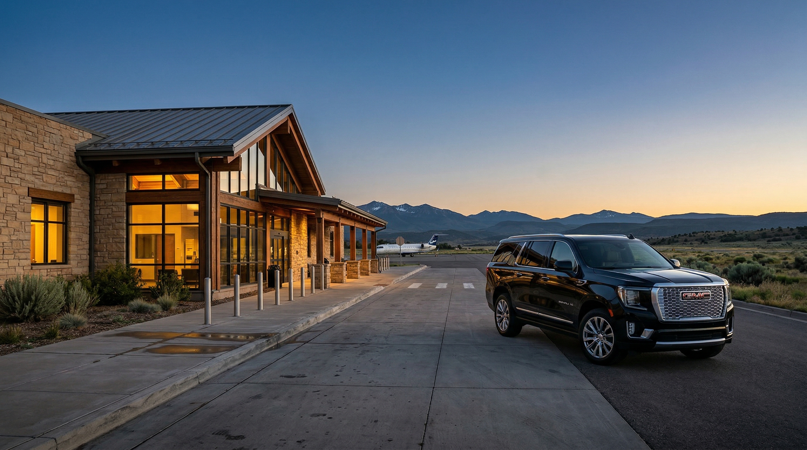 Black GMC Yukon Denali at Durango-La Plata County Airport at dusk