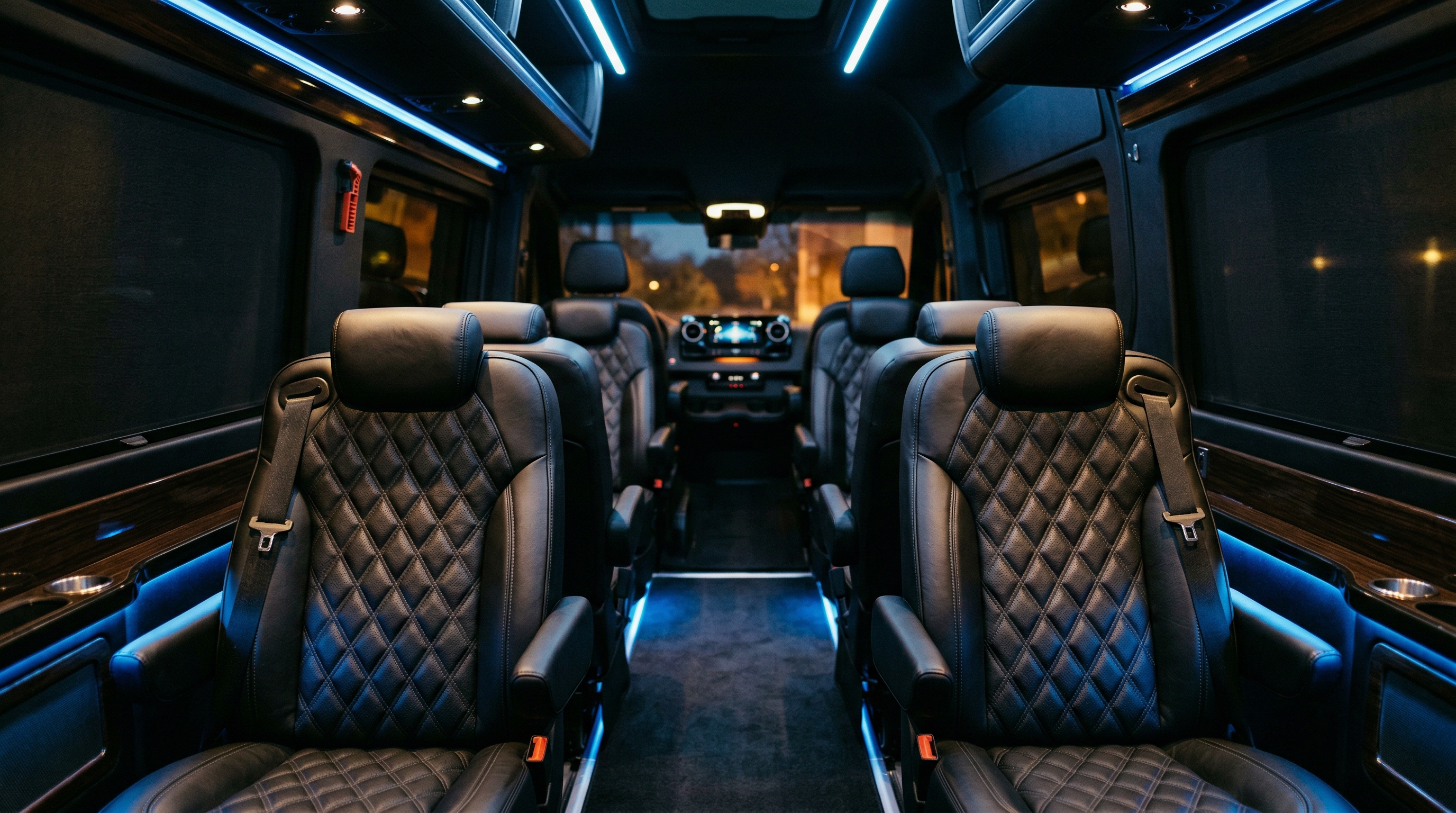 Luxury Mercedes Sprinter interior with quilted leather seats and blue LED ambient lighting