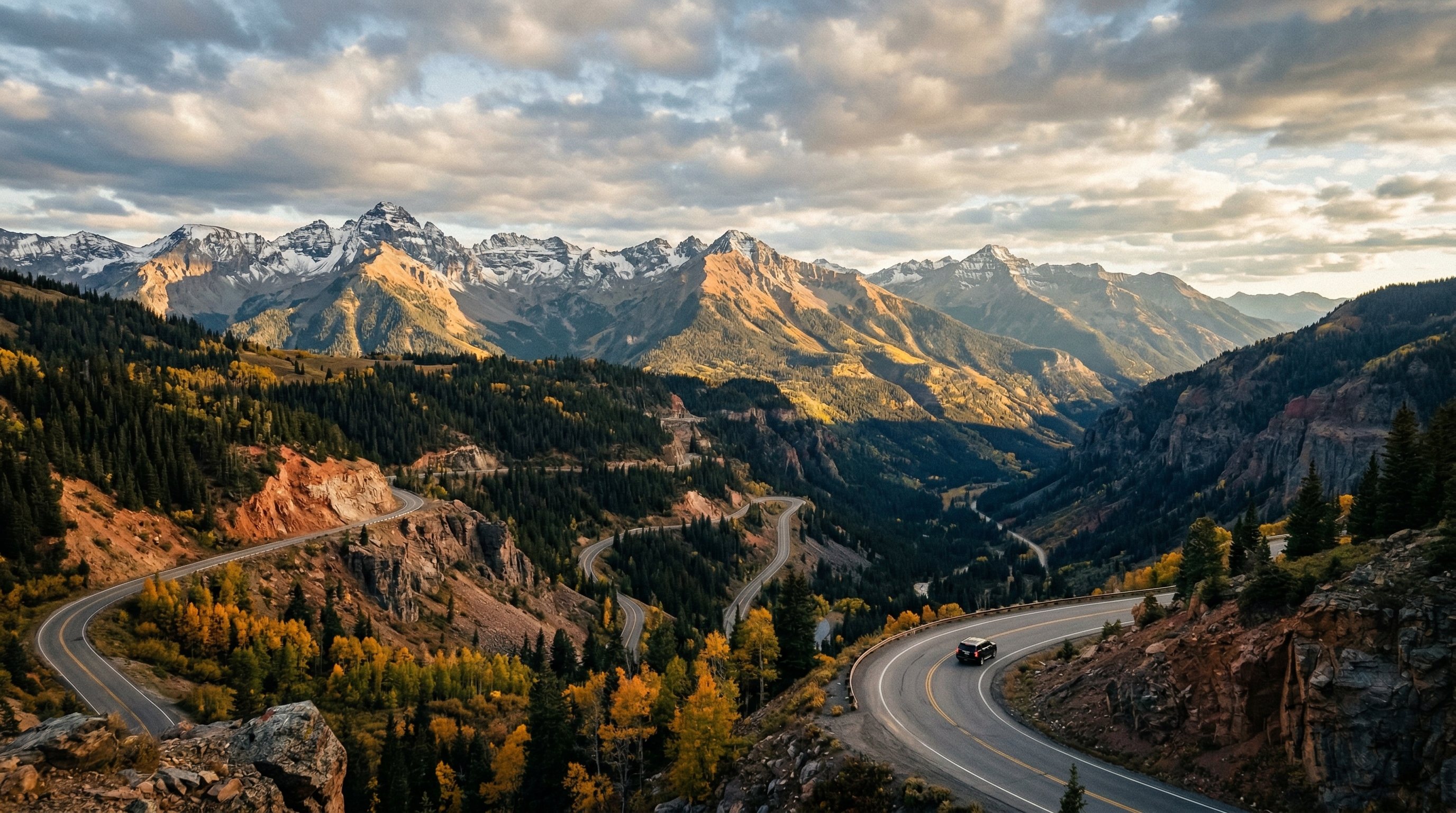 The Million Dollar Highway winding through the San Juan Mountains at golden hour