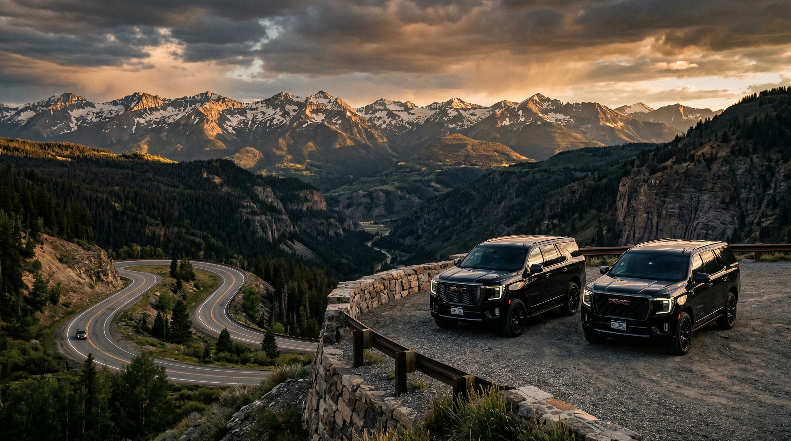 Two black GMC Yukon Denalis on a mountain overlook at golden hour with the San Juan Mountains